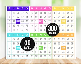 May include: A set of 300 bingo cards, printed on 50 pages. The cards are color-coded with different colors for each column. The cards are designed for a game of bingo.