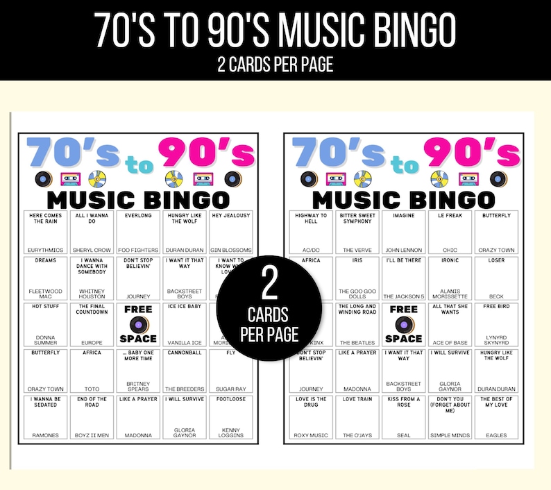 70s, 80s, 90s Music Bingo, Decades of Hits Bingo, 70s to 90s Bingo, 70s Music Bingo, 80s Music Bingo, 90s Music Bingo, 50 Music Bingo Cards
