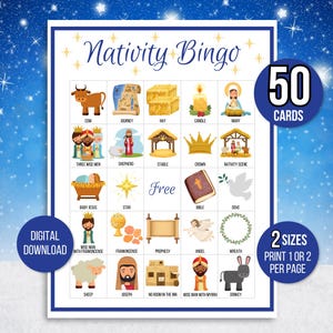 Krippenbingo, 50 Krippenbingokarten, Weihnachtsbingo, Weihnachtsaktivität, Kinderweihnachtsfeierspiel, Krippenspiel, Baby Jesus Bingo