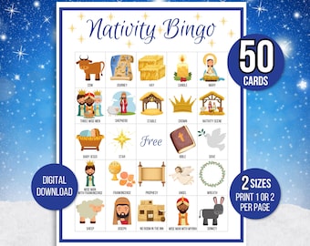 May include: A printable Nativity Bingo game with 50 cards. The bingo card features images of a cow, journey, hay, candle, Mary, three wise men, shepherd, stable, crown, nativity scene, baby Jesus, star, bible, dove, wise man with frankincense, frankincense, prophecy, angel, wreath, sheep, Joseph, no room in the inn, wise man with myrrh, and donkey.