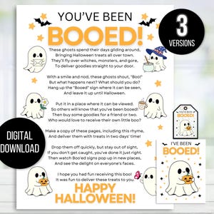 May include: A printable Halloween "Booed" sign featuring a cute ghost holding a pumpkin. The sign includes instructions for a fun Halloween tradition of leaving treats for friends and neighbours.