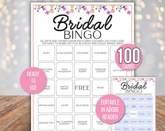 May include: Bridal Bingo game cards with a floral border. The main card features a grid with kitchen-themed items like a mixer and slow cooker. Includes 100 cards and is ready to use. Editable in Adobe Reader.