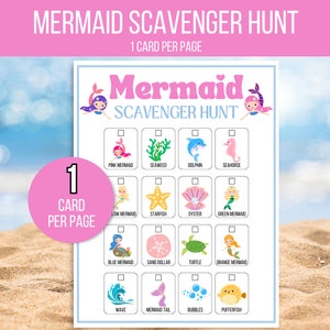May include: A printable mermaid scavenger hunt game with 12 illustrated squares featuring a mermaid, starfish, dolphin, seahorse, sand dollar, turtle, wave, and more. The game is designed for one card per page.