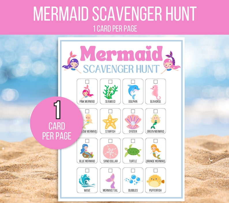 May include: A printable mermaid scavenger hunt game with 12 illustrated squares featuring a mermaid, starfish, dolphin, seahorse, sand dollar, turtle, wave, and more. The game is designed for one card per page.