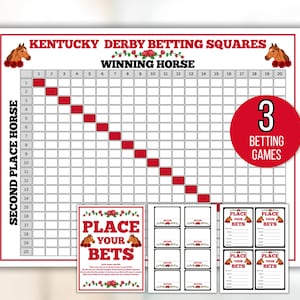 May include: A printable Kentucky Derby betting squares game with a red and white grid, a red diagonal line, and a red circle with the text "3 Betting Games". The game includes a place your bets sign with a horse illustration and 6 betting slips.