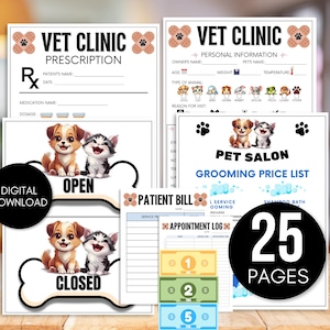 May include: Printable digital download of 25 pages of pet clinic and pet salon signage. The pages include a prescription form, patient information form, grooming price list, appointment log, and open/closed signs. The signs feature cute cartoon dogs and cats.