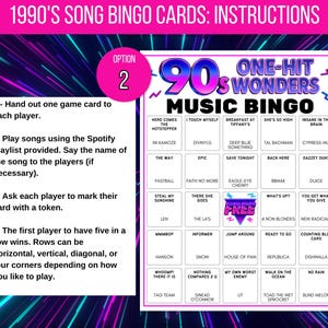 Puede incluir: Una tarjeta de juego de bingo musical de los a&ntilde;os 90 con instrucciones. La tarjeta presenta una cuadr&iacute;cula de t&iacute;tulos de canciones, incluyendo "Insane in the Brain" y "Breakfast at Tiffany's". Las instrucciones est&aacute;n a la izquierda y la tarjeta de bingo a la derecha.