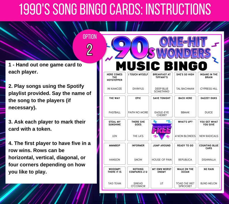 Puede incluir: Una tarjeta de juego de bingo musical de los a&ntilde;os 90 con instrucciones. La tarjeta presenta una cuadr&iacute;cula de t&iacute;tulos de canciones, incluyendo "Insane in the Brain" y "Breakfast at Tiffany's". Las instrucciones est&aacute;n a la izquierda y la tarjeta de bingo a la derecha.