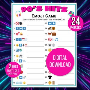 May include: A printable 90's Hits Emoji Game with 24 phrases. The game features a list of 24 emoji clues that represent popular 90's songs. The game is available as a digital download in two sizes, allowing you to print one or two games per page.