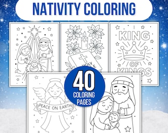 May include: A collection of 40 coloring pages featuring Nativity scenes. The black and white illustrations include images of the Holy Family, angels, and the text "Peace on Earth" and "King of Kings".