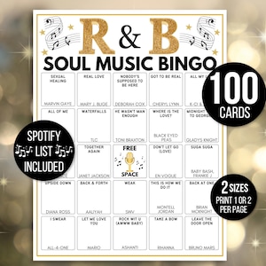R&B-bingo, ritme- en bluesbingo, bluesmuziekbingo, 100 afdrukbare muziekbingokaarten, r- en b-game, Spotify-lijst R en B, bingogame