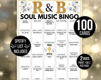 Bingo R&B, Bingo di canzoni Rhythm and Blues, Bingo di musica Blues, 100 cartelle di bingo musicali stampabili, Gioco R&B, Elenco Spotify R&B, Gioco del bingo