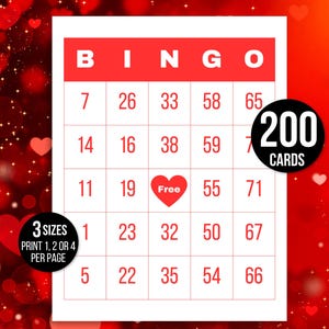 200 Valentinstag Bingokarten, 1, 2 oder 4 pro Seite, Valentinstag Partyspiel, Valentinstag Aktivität, Valentinstag Bingo für Kinder