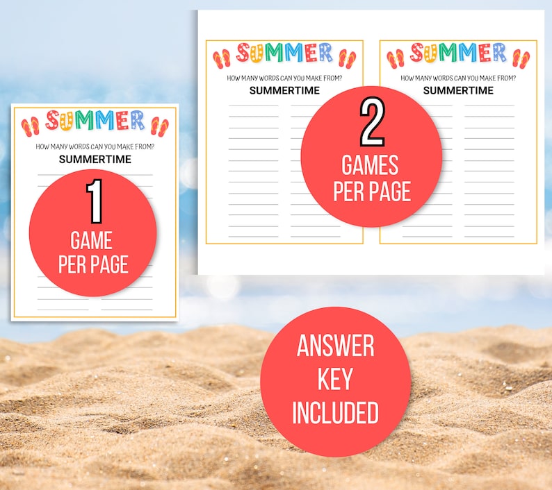 Puede incluir: Dos p&aacute;ginas de juego de b&uacute;squeda de palabras de verano imprimibles con un borde amarillo y un c&iacute;rculo rojo con el texto "1 juego por p&aacute;gina" y "2 juegos por p&aacute;gina". Las p&aacute;ginas tienen la palabra "SUMMER" en una fuente colorida con chanclas a cada lado. El texto "HOW MANY WORDS CAN YOU MAKE FROM? SUMMERTIME" est&aacute; debajo de la palabra "SUMMER". Las p&aacute;ginas tienen l&iacute;neas para escribir palabras. Un c&iacute;rculo rojo con el texto "ANSWER KEY INCLUDED" est&aacute; debajo de las p&aacute;ginas.