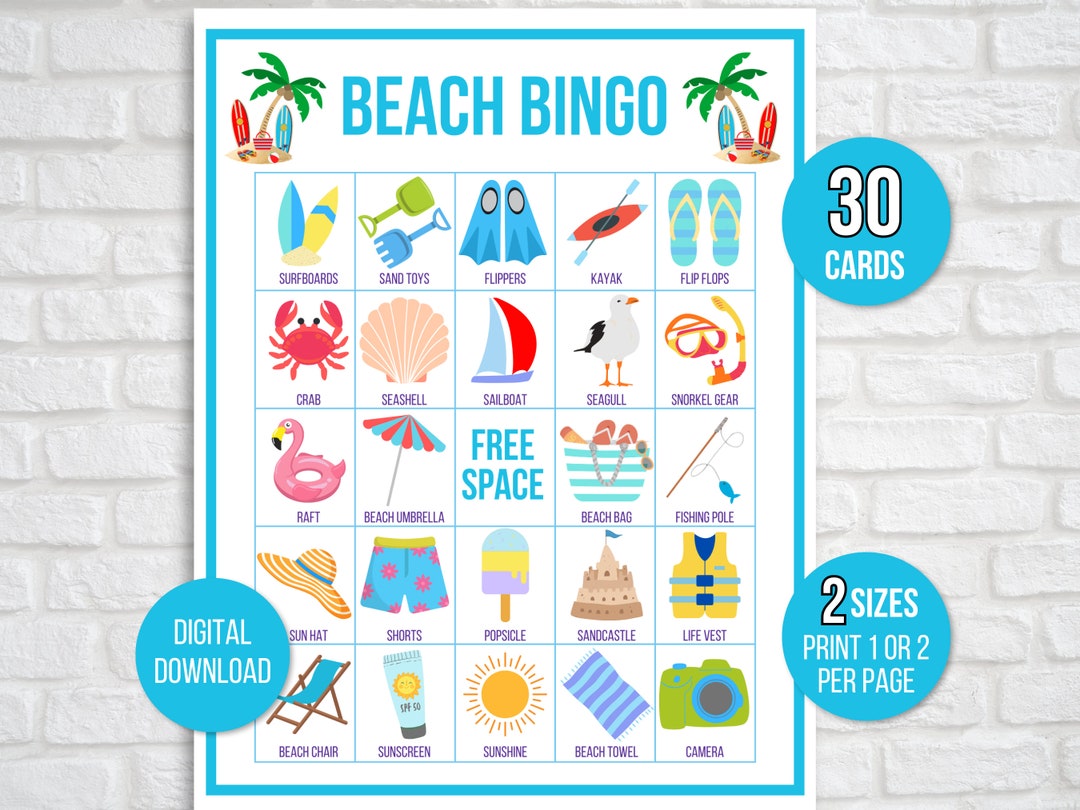 Beach Bingo, Fun in the Sun Bingo, 30 Printable Beach Bingo Cards