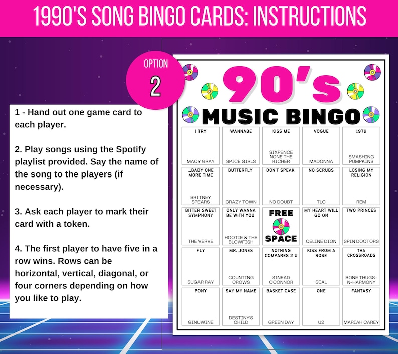 90s Bingo, 90s Song Bingo, 90s Music Bingo, 90s Retro Bingo, 50 Printable 1990s Bingo Cards, 90s Game, 90s Activity, 90s Spotify List Bingo