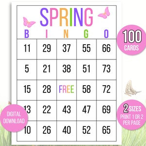 100 Spring Bingo Cards, 1, 2, or 4 Per Page, Spring Party Game, Spring Activity, Spring Game, Carte Bingo for Kids, Printable Spring Bingo