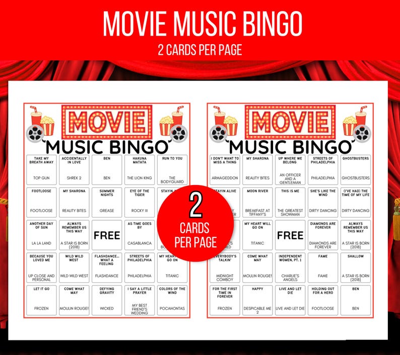 Movie Music Bingo, Movie Soundtrack Bingo, Music Bingo, Movie Soundtrack Songs Game, Music Bingo with Playlist, Music Office Party Game