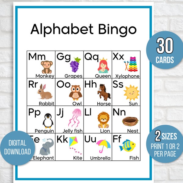 Picture Alphabet Bingo, 30 Printable Alphabet Bingo Cards, ABC Practice, ABC Bingo, Learn Letters Bingo, ABC Bingo, Learn ABCs Bingo, 4x4