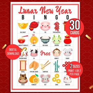 Lunar New Year Bingo, 30 Lunar New Year Bingo Cards, Lunar New Year Activity For Kids, Lunar New Year Party Game, Lunar New Year Activity