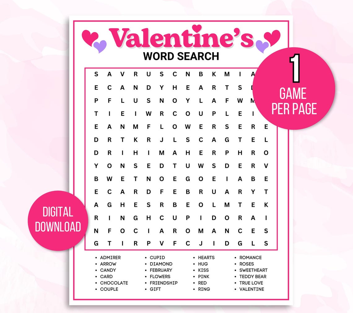 Valentine's Day Word Search, Fun Valentines' Day Game, Printable ...