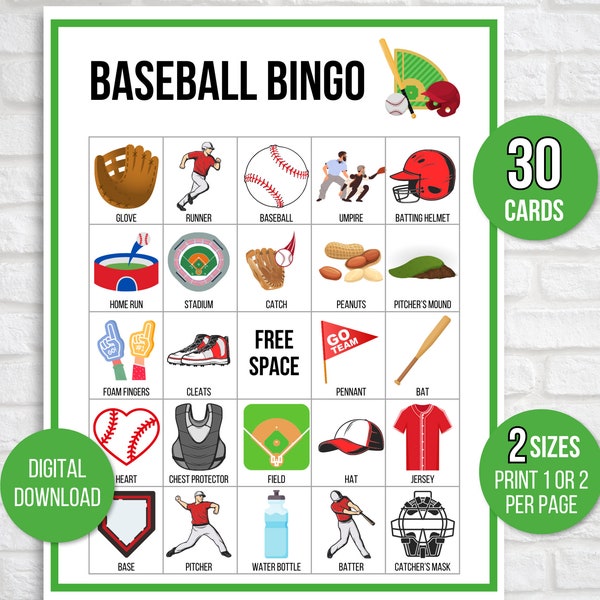 Bingo de béisbol, 30 tarjetas de bingo de béisbol imprimibles únicas, juego de béisbol, actividad de béisbol, juego de béisbol imprimible para niños