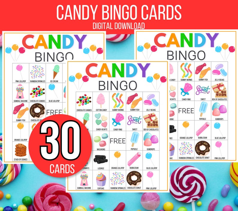 Candy Bingo, 30 Printable Candy Bingo Cards, Sweet Treats Bingo, Candy Activity, Candy Game, Candy Themed Birthday Party, Candy Printable