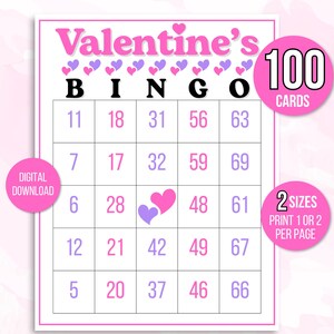 Valentine's Bingo, 100 Valentine's Day Bingo Cards, Valentine's Carte Bingo, Valentines Game, Valentine's Party, Valentine's Number Bingo