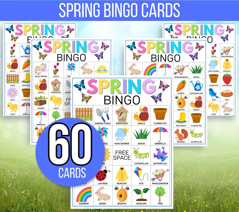 Spring Bingo, 60 Printable Spring Bingo Cards, Spring Party Game, Spring Activity, Spring Game, Springtime Game, Easter Bingo, Easter Game