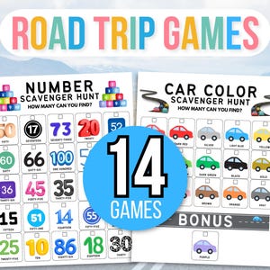 Pu&ograve; includere: Due giochi stampabili per viaggi su strada: una caccia al tesoro dei numeri e una caccia ai colori delle auto. La caccia ai numeri presenta numeri da 10 a 100. La caccia ai colori delle auto include vari colori di auto. &Egrave; presente anche il testo "14 GAMES".