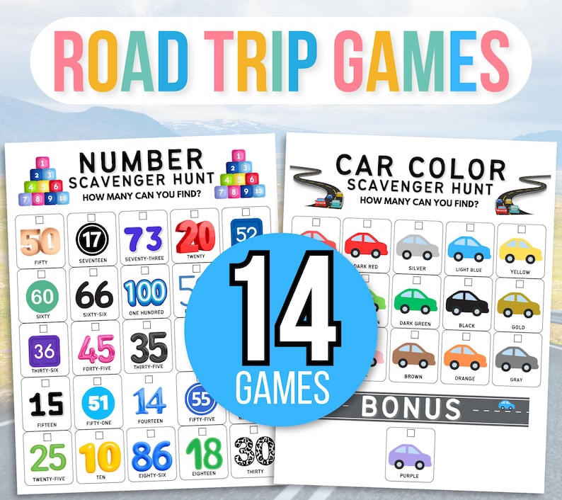 Pu&ograve; includere: Due giochi stampabili per viaggi su strada: una caccia al tesoro dei numeri e una caccia ai colori delle auto. La caccia ai numeri presenta numeri da 10 a 100. La caccia ai colori delle auto include vari colori di auto. &Egrave; presente anche il testo "14 GAMES".