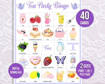 Tea Party Bingo, 40 Printable Tea Party Bingo Cards, Tea Party Game, Tea Party Activity, Birthday or Bridal Shower Bingo, Garden Tea Party