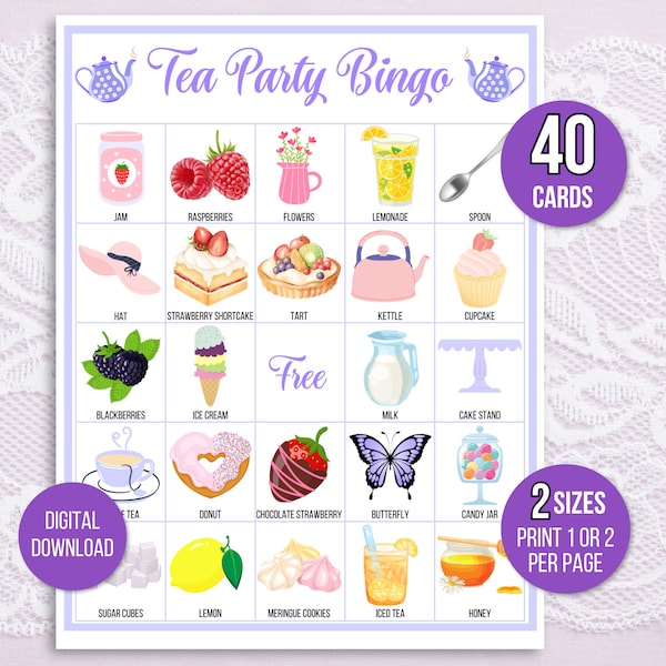 Tea Party Bingo, 40 Printable Tea Party Bingo Cards, Tea Party Game, Tea Party Activity, Birthday or Bridal Shower Bingo, Garden Tea Party