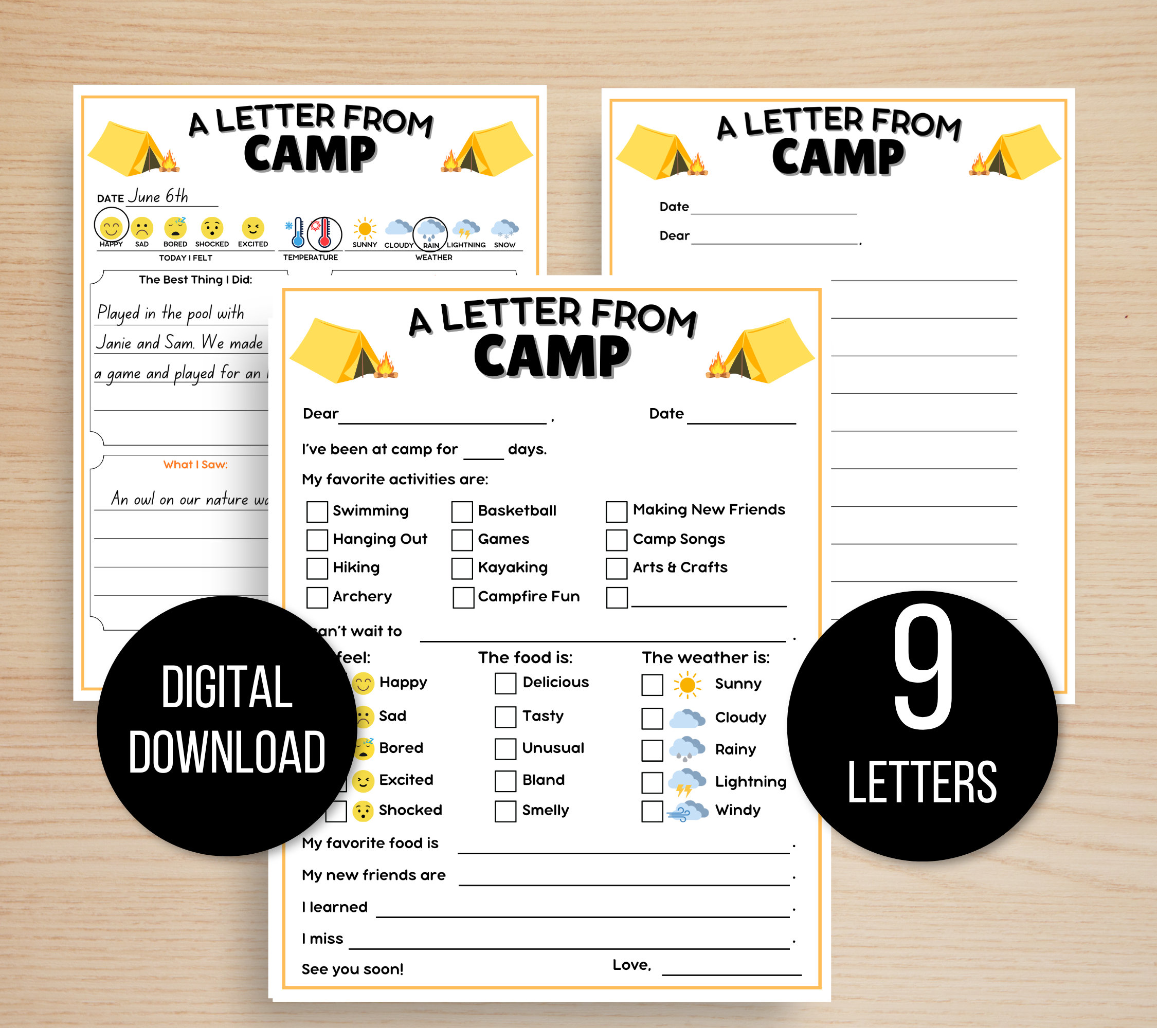 Letters from Camp, Summer Camp Letters, Printable Letter from Camp, Summer Camp Stationery, Summer Camp Fill in the Blank Letter, Camp Note