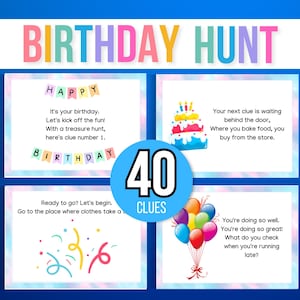 Indoor Birthday Treasure Hunt, Indoor Birthday Scavenger Hunt, 40 Treasure Hunt Birthday Clues, Kids Treasure Hunt Clues, Birthday Printable