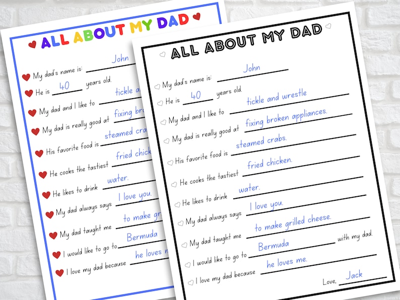 All About My Dad Fill in the Blanks Questionnaire, Father's Day Craft ...