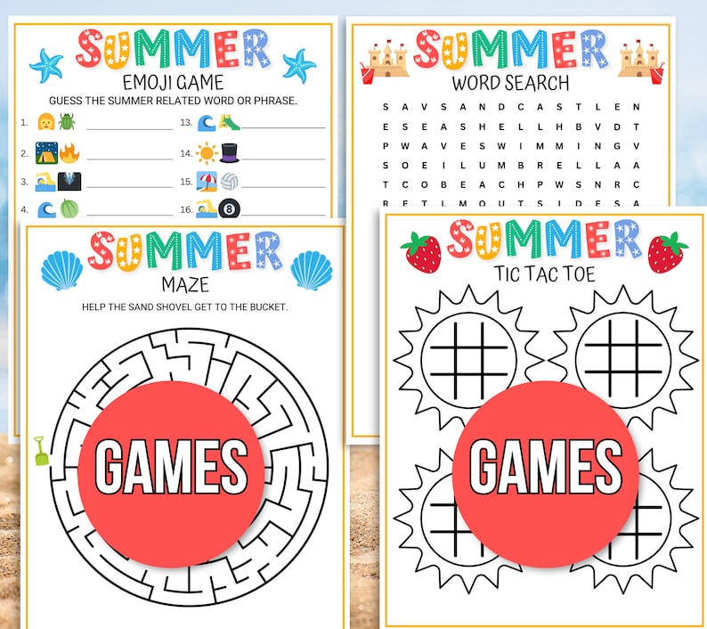 Puede incluir: Cuatro tarjetas de juego imprimibles con tem&aacute;tica de verano con ilustraciones coloridas. Las tarjetas incluyen una b&uacute;squeda de palabras, un juego de tres en raya, un juego de emojis y un laberinto. El texto en las tarjetas incluye "Summer Word Search", "Summer Tic Tac Toe", "Summer Emoji Game" y "Summer Maze".