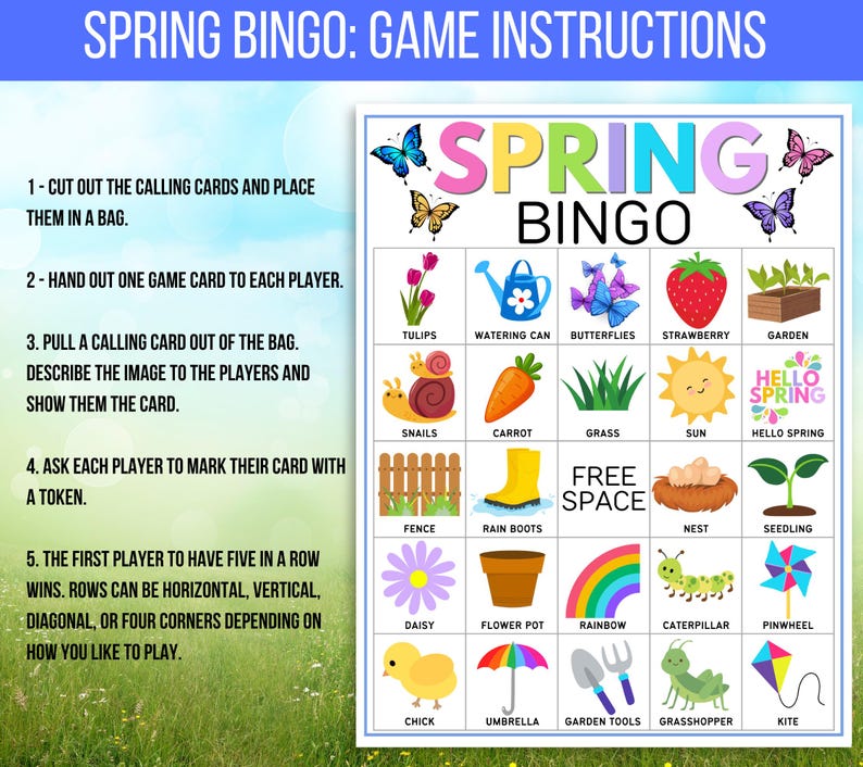 Spring Bingo, 60 Printable Spring Bingo Cards, Spring Party Game, Spring Activity, Spring Game, Springtime Game, Easter Bingo, Easter Game