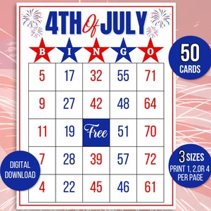 4. Juli Bingo, 50 Fourth of Juli Bingokarten, Fourth of Jul Carte Bingo, 4. Juli Party Spiel, 4. Juli Bingo, 4. Juli Spiel