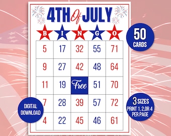 4th of July Bingo, 50 Fourth of July Bingo Cards, Fourth of July Carte Bingo, 4th of July Party Game, 4th of July Bingo, 4th of July Game