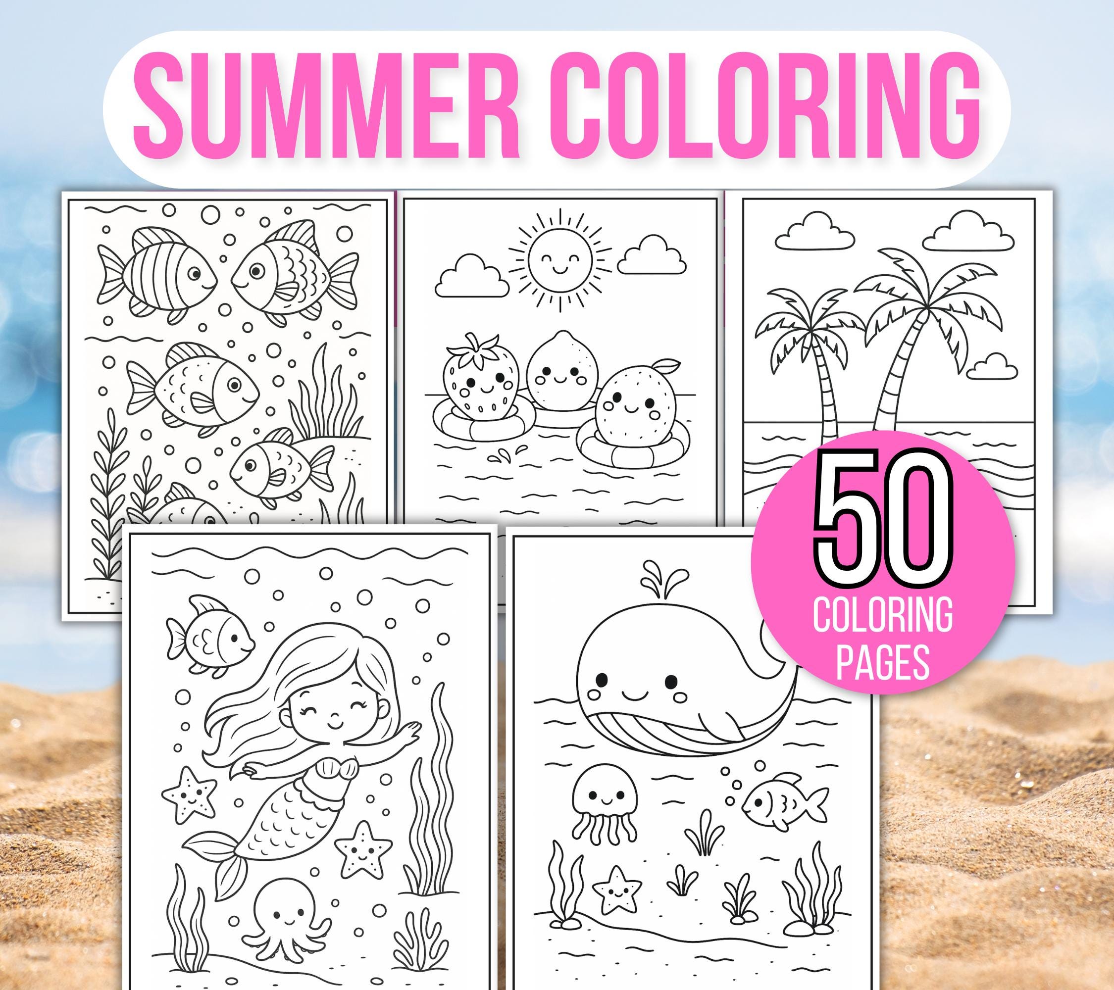 Summer Coloring Pages for Kids – Beach & Vacation Coloring Sheets Printable PDF, Summer Activity Book (50 Pages)