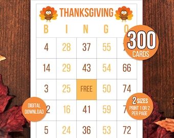 May include: A Thanksgiving bingo card with a turkey illustration in the top left corner. The card has a free space in the center and numbers from 1 to 74. The card is labeled "Thanksgiving Bingo" and has a digital download label. The card is surrounded by a brown wooden background with fall leaves.