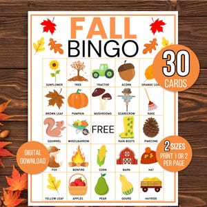 Bingo de Outono, 30 Cartões de Bingo de Outono, Bingo de Imagens de Outono, Bingo de Outono, Atividade de Outono, Jogo de Outono para Crianças, Atividade de Sala de Aula de Outono, Jogo de Outono