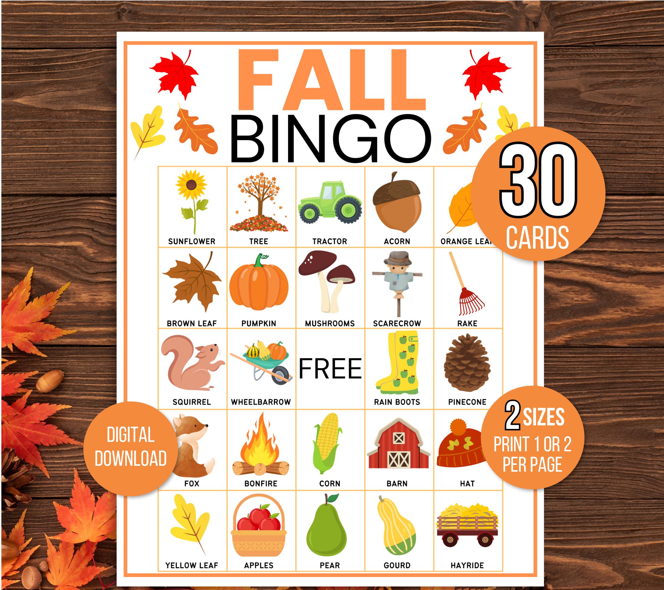 Fall Bingo, 30 Fall Bingo Cards, Fall Picture Bingo, Autumn Bingo