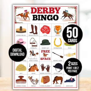 Kentucky Derby Bingo, 50 Kentucky Derby Bingo Cards, Kentucky Derby Game, Kentucky Derby Game for Kids, Kentucky Derby Party, Horse Bingo