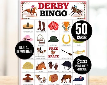 Bingo del Derby de Kentucky, 50 cartones de bingo del Derby de Kentucky, juego del Derby de Kentucky, juego del Derby de Kentucky para niños, fiesta del Derby de Kentucky, bingo de caballos
