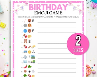 Puede incluir: Una hoja de juego de emojis de cumpleaños rosa y blanca con el texto "BIRTHDAY EMOJI GAME". El juego incluye líneas para completar con emojis para adivinar sabores de pasteles y helados y frases. Un círculo rosa con el texto "2 TAMAÑOS" está a la derecha.