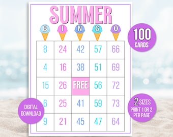 Summer Bingo, 100 Summer Bingo Cards, Summer Party Bingo, Summer Game, Summer Activity, Kid's Printable Bingo Game, Summer Bingo Game