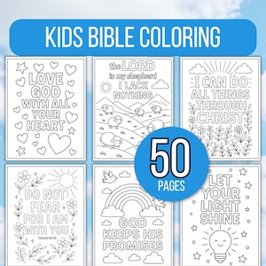 May include: A collection of six black and white coloring pages for kids, featuring Bible verses and illustrations. The pages include phrases like "Love God with all your heart" and "I can do all things through Christ." A blue circle indicates 50 pages.