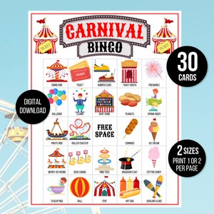 Bingo de carnaval, juego de carnaval, actividad de fiesta de carnaval, imprimible de carnaval, juego de fiesta de carnaval de circo, fiesta de cumpleaños de circo, bingo de circo